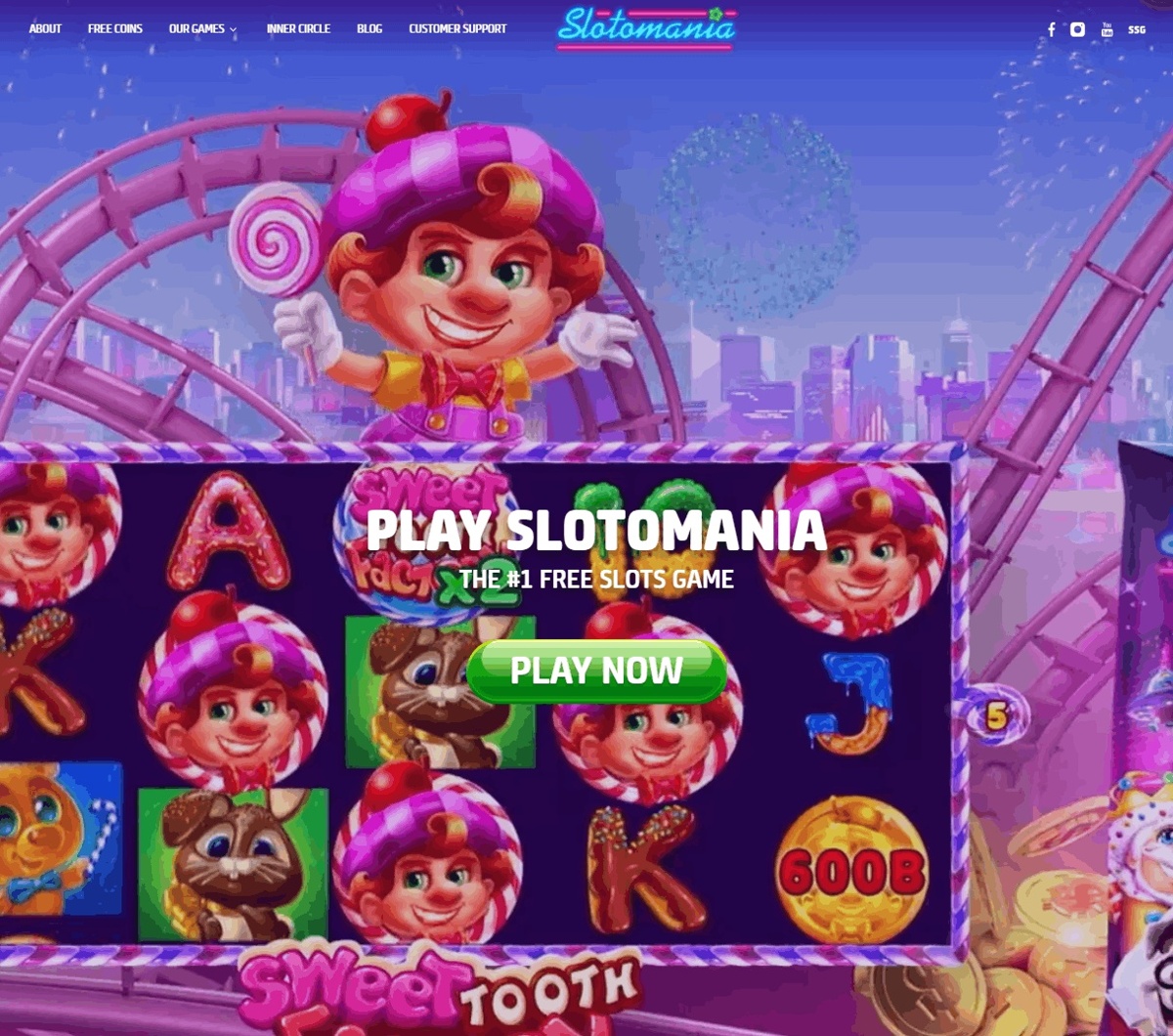 Slotomania social casino homepage showing Sweet Tooth slot artwork and the Play Now button
